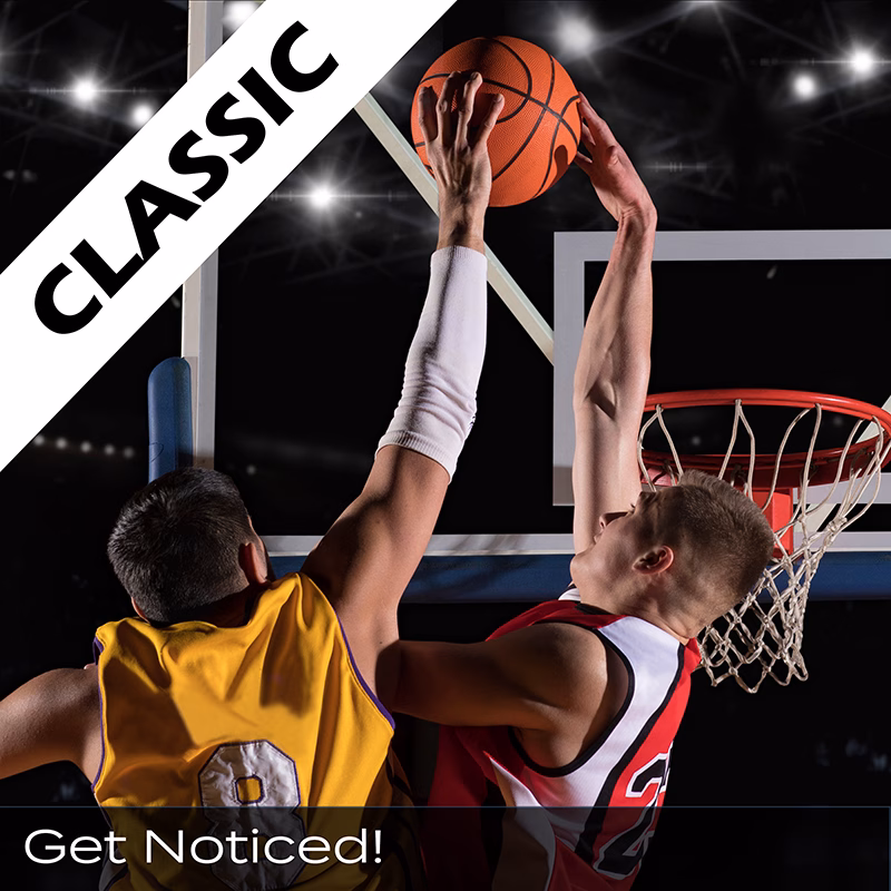 Classic Highlight Video Package icon image of basketball player blocking shot above the rim.