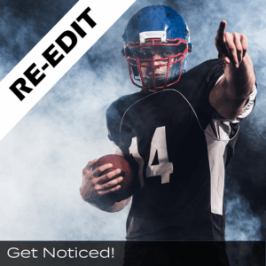 Awe Video & Photo Photo Studio Re-Edit Highlight Video icon image of football player holding football and pointing finger.