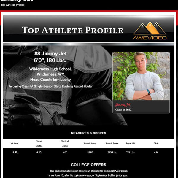 Click on the above screenshot image of our live sample Top Athlete Profile Website to get ideas for what you want on your website. Available or any sport, gender, or age group, from Pop Warner to athletes looking to get a shot at a pro contract.