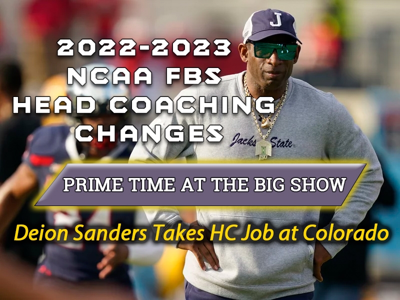 2022-2023 NCAA FBS Head Coaching Changes banner Featuring Deion Sanders taking head coaching position at Colorado. Presented by HitHighlights.com Sports USA.