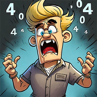AweVideo.com 404 page icon of a cartoon man who is angry because he landed on a 404 page. 