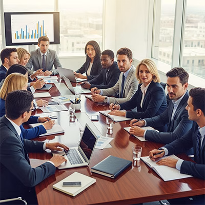 Corporate & brand video image of executives sitting around boardroom table.