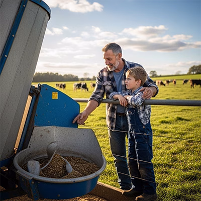 A lifestyle photography phot image of farmer with son inspecting feed dispenser. AI generated.