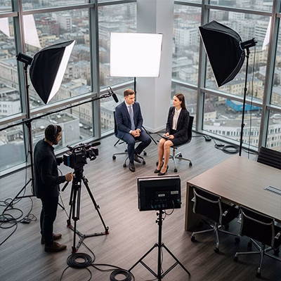 Event Videography Coverage: image of businessman and businesswoman conducting an interview on set.