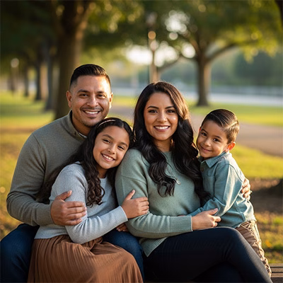 Portrait photography image of Latino family sitting for portrait outside. AI generated.