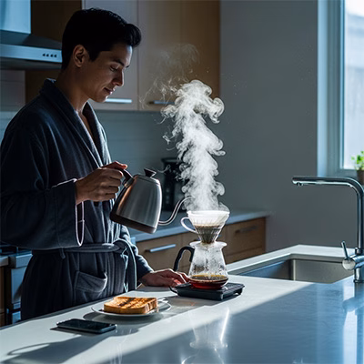 Lifestyle videography: man wearing robe brewing coffee in the kitchen.