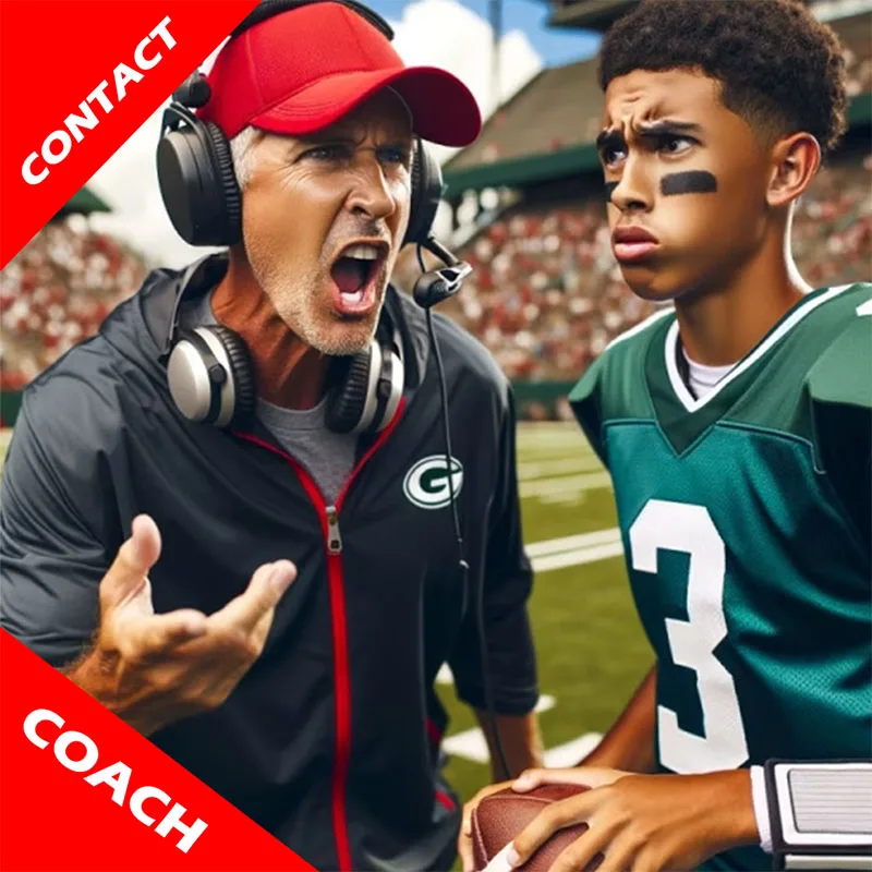 Contact college football coaches at Awe Video & Photo Studio, icon image of football coach screaming at quarterback on sidelines.