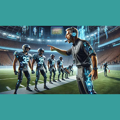 Managing College Football Recruiting: NIL & Portal, image of futuristic-geared football team and coach yelling instructions.