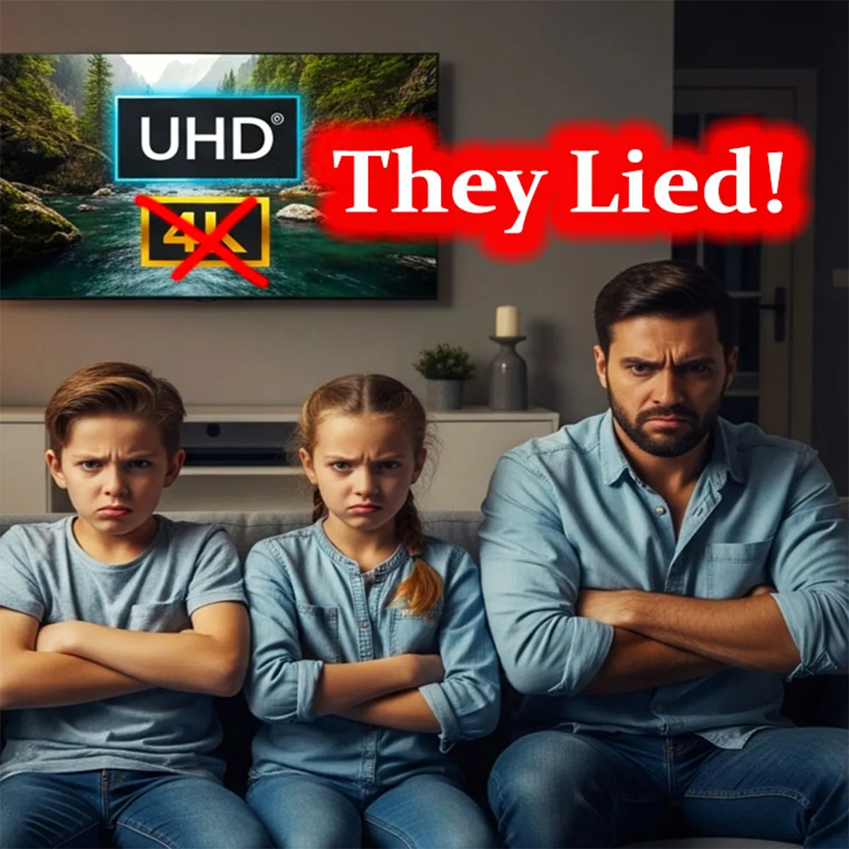 The Great 4K Lie: The Audacity of the 256-Pixel Heist image of angry father , son and daughter sitting on the couch with arms crossed and angry faces. Dramatic graphic showing the deception between true DCI 4K (4096x2160) and consumer Ultra HD (3840x2160), highlighting the 256 missing horizontal pixels that marketing agencies stole.