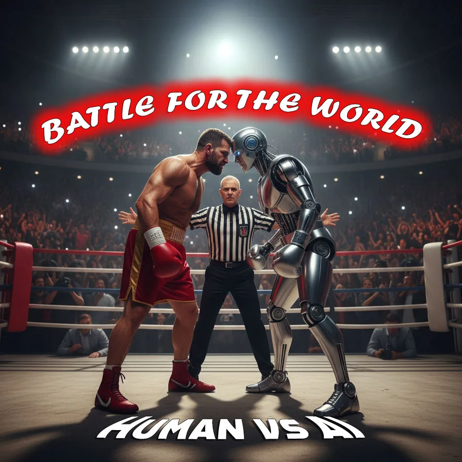 The AI Image Revolution: What Human Creativity Stands to Lose article image of a menacing human boxer in ring facing off with an imposing AI-powered robot.