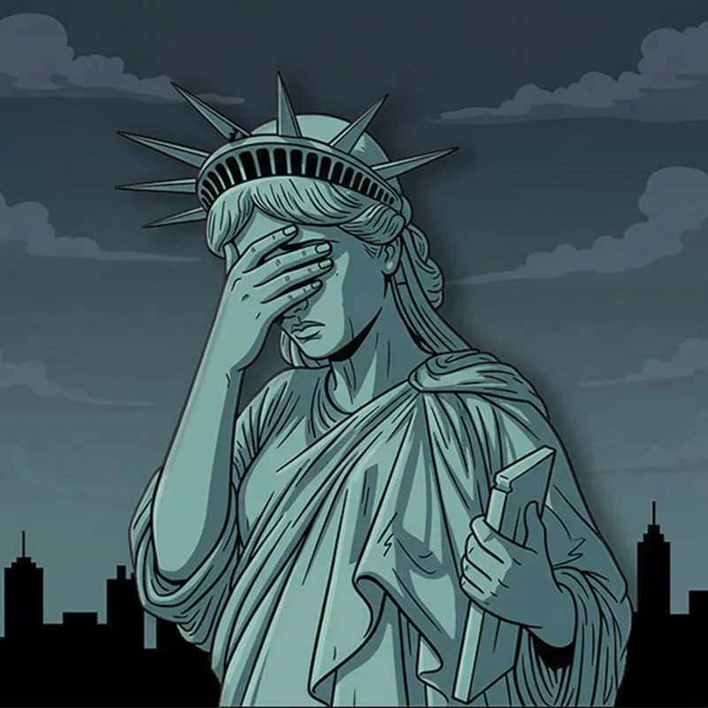 Nation Built on a Lie: An artistic concept image of the Statue of Liberty monument with her head bowed in shame and her torchless right hand covering her eyes, set against a dark city silhouette. Featured lead image for The Antecedents Master Briefings: "The United States of America: A Nation Built On a Lie." (Image by Awe Video & Photo Studio)