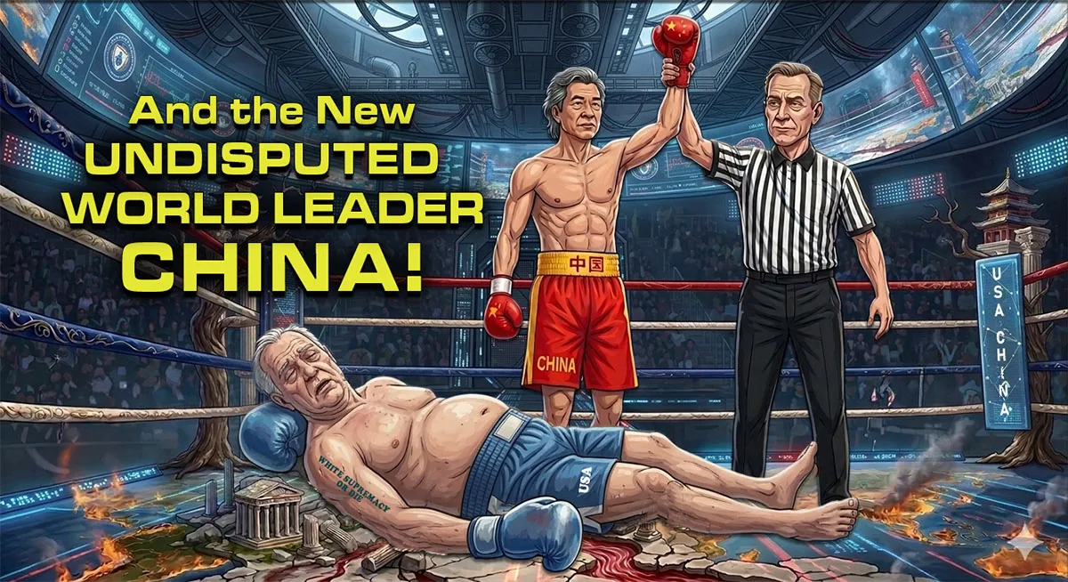 Global Power Shift: A geopolitical illustration representing the end of the American era: A victorious Chinese fighter stands over a defeated U.S. boxer lying on a world map, symbolizing the global power shift and the collapse of Western hegemony.