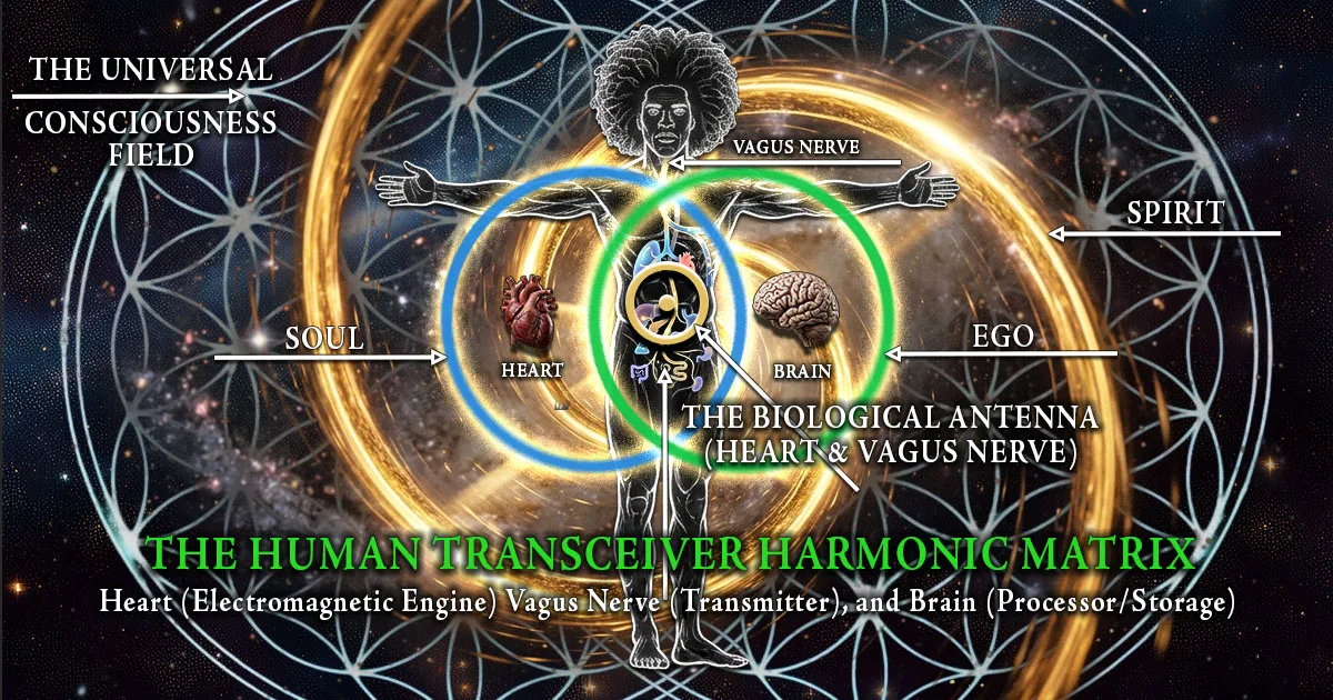Consciousness Mastery: Forensic diagram of the Human Transceiver Matrix showing the biological connection to Universal Consciousness.