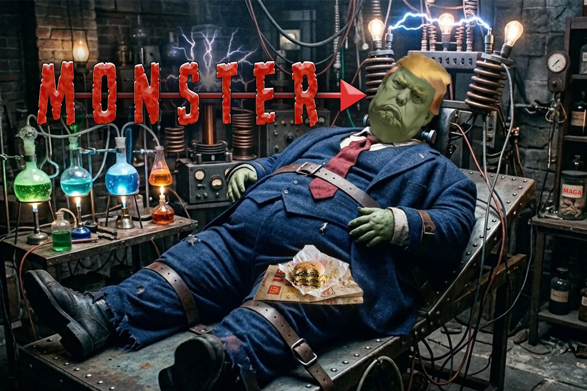 Strategic Isolation Suicide: A gritty, illustrative political cartoon set in a dark, electrically charged mad scientist’s lab. A green-skinned, grotesque, bloated monster resembling Donald Trump, strapped with leather to a metal operating table, lies with a half-eaten burger on his leg, sparking coils and beakers of glowing liquids surround him. In the foreground, a jar with 'MAGA' text sits next to large, dripping red letters spelling MONSTER, with an arrow pointing to the creation’s face (Image digitally composed by Awe Video & Photo Studio)