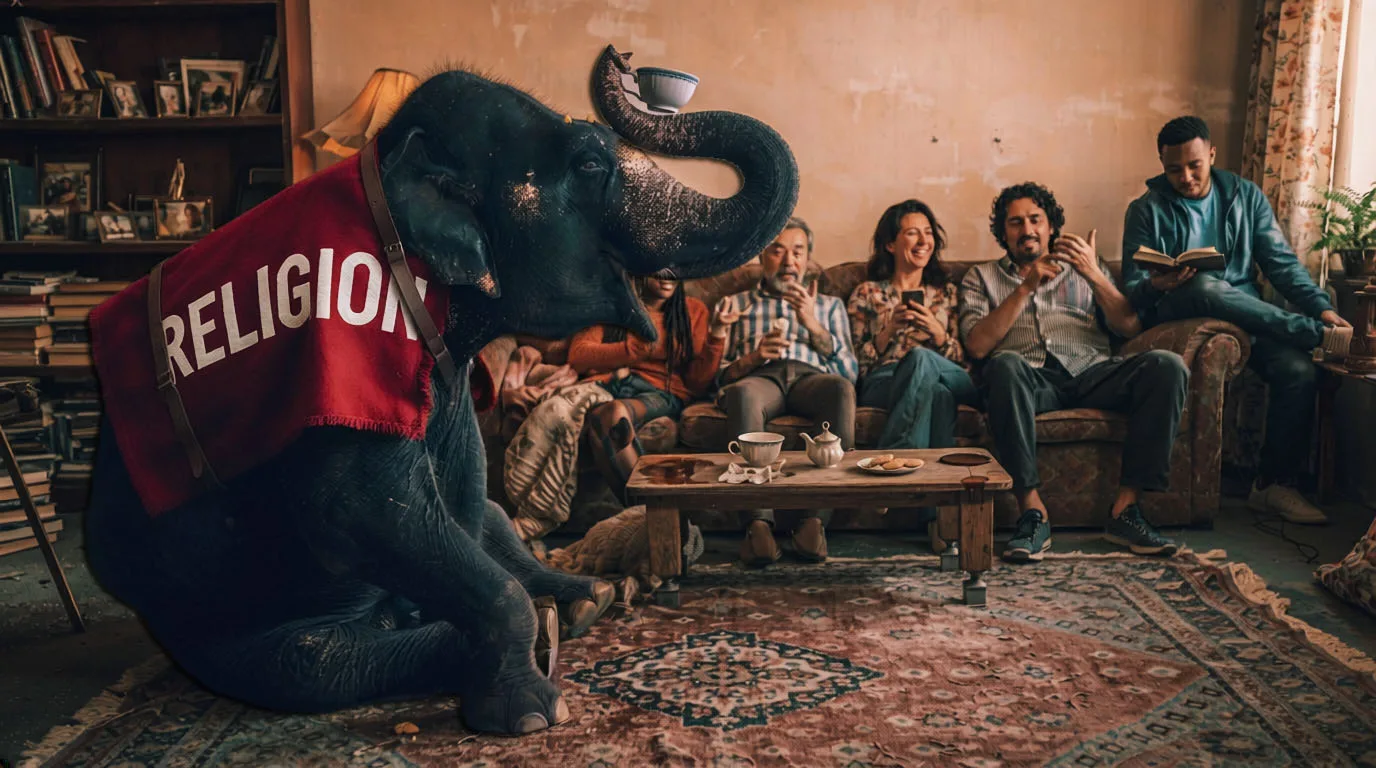 A large elephant labeled "RELIGION" sits in a living room while a group of people ignore it, focused on their phones and books. This visual metaphor illustrates the managed distraction used by the 1% to mask the Global Extraction of the human estate.