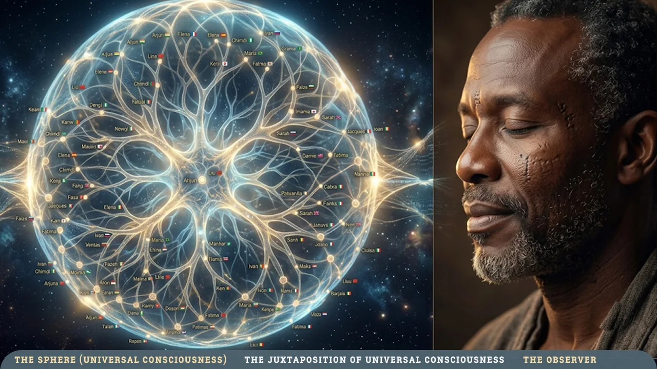 A split-screen digital composite image. On the left, a vibrant, glowing three-dimensional sphere represents universal consciousness, filled with intricate, biological, root-like networks of light. Numerous glowing nodes across the sphere's surface are labeled with diverse international human names and flags, representing individual lifeform vessels collecting data on a cosmic grid. On the right, a close-up portrait shows a Black man with graying hair in a calm, meditative pose with his eyes closed, honoring the sphere.
