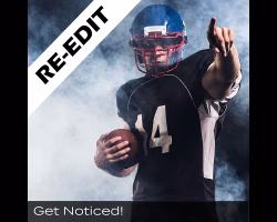 Awe Video & Photo Photo Studio Re-Edit Highlight Video icon image of football player holding football and pointing finger.