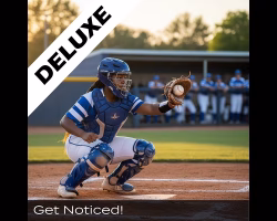 Season Deluxe Highlight Video Package icon featuring girl baseball catcher catching ball behind home plate.