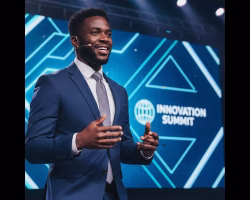 African American business man giving speech at corporate event.