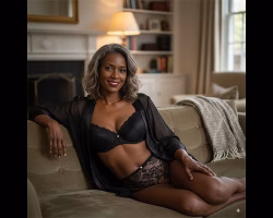 Awe Video & Photo Studio boudoir photography, image of beautiful African American woman posing on couch wearing lingerie.