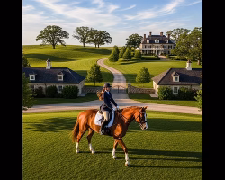 fictitious woman named Sarah riding on a horse-AI generated.