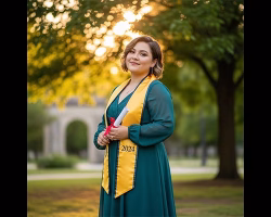 Senior photography image of young female student wearing graduation gown outdoors. AI generated.