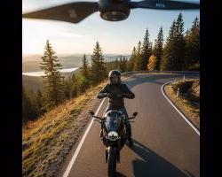 Awe Video & Photo Studio Aerial drone services icon image of man siting on motorcycle in the middle of the road alongside a scenic winding mountainside route. AI generated.